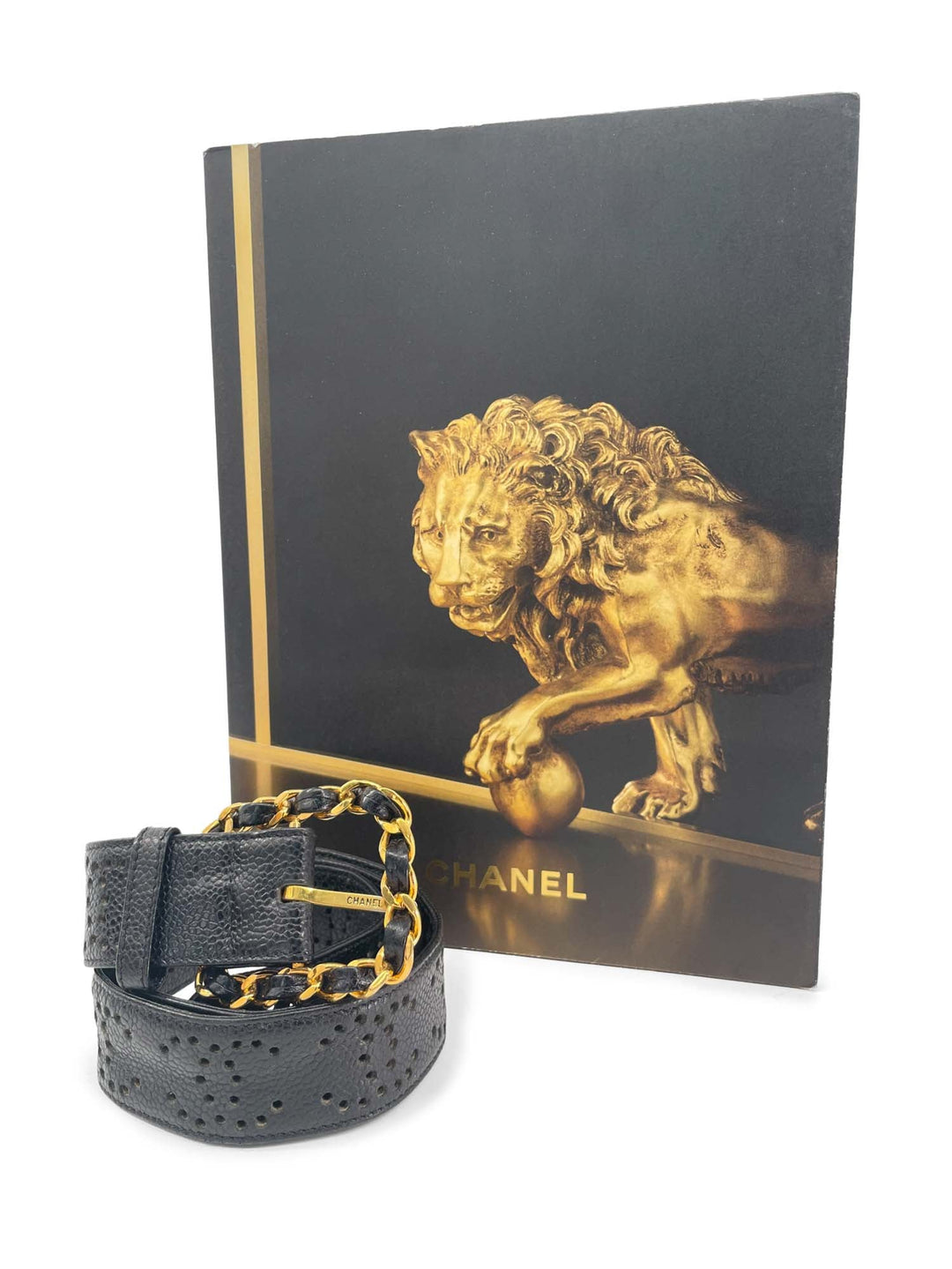 CHANEL CC Logo 24K Gold Plated Chain Caviar Perforated Leather Belt Black-designer resale
