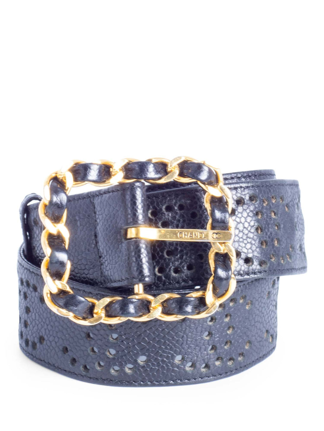 Top Quality Chanel CC Logo 24K Gold Plated Chain Caviar Perforated Leather Belt Black