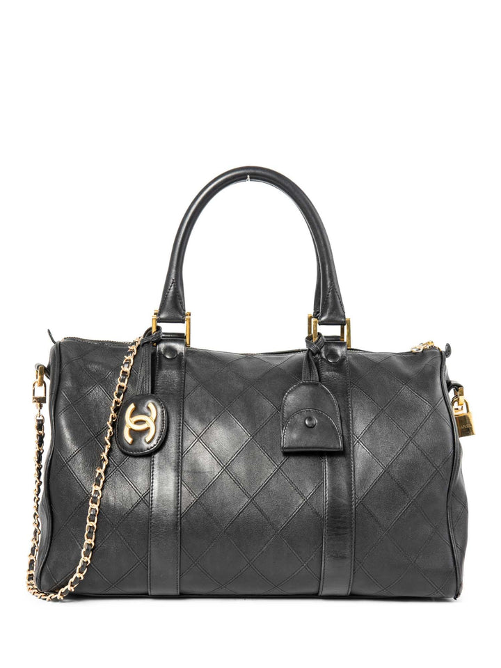Top Quality Chanel CC Logo 24K Gold Plated Quilted Leather Boston Messenger Bag Black