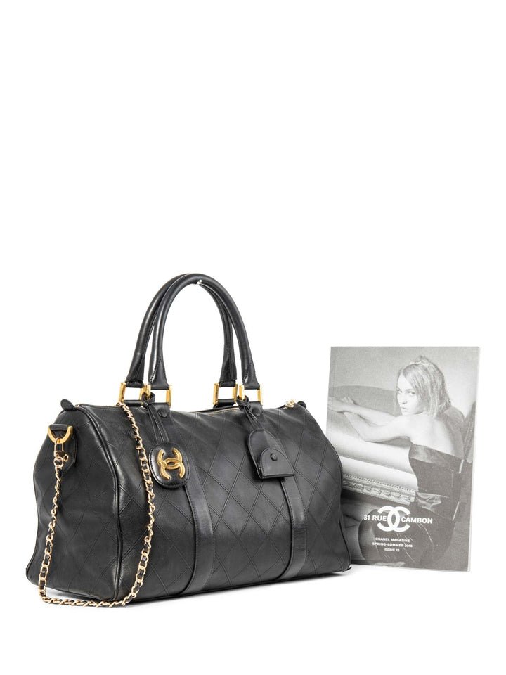 Top Quality Chanel CC Logo 24K Gold Plated Quilted Leather Boston Messenger Bag Black