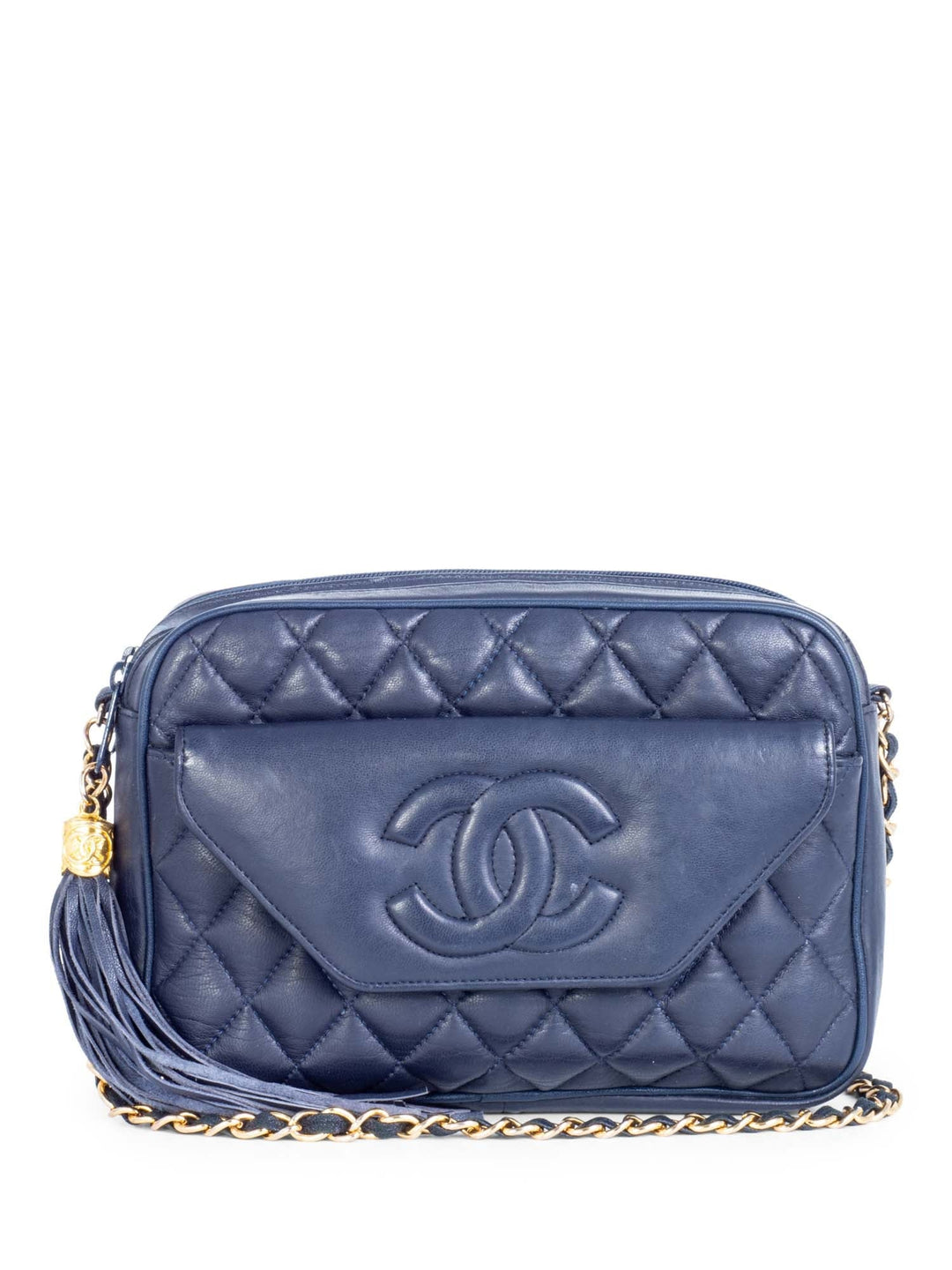 Top Quality Chanel CC Logo 24k Gold Plated Quilted Leather Tassel Camera Bag Navy