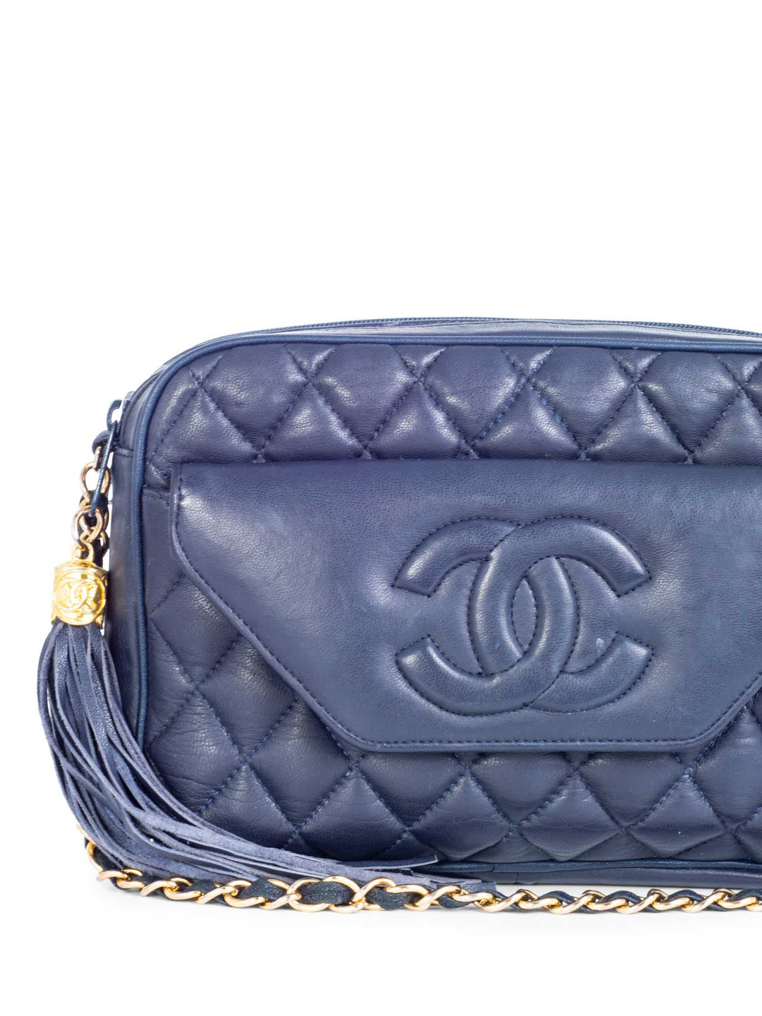 Top Quality Chanel CC Logo 24k Gold Plated Quilted Leather Tassel Camera Bag Navy