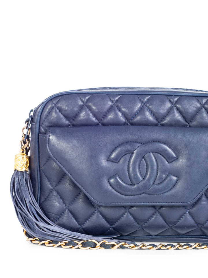 Top Quality Chanel CC Logo 24k Gold Plated Quilted Leather Tassel Camera Bag Navy
