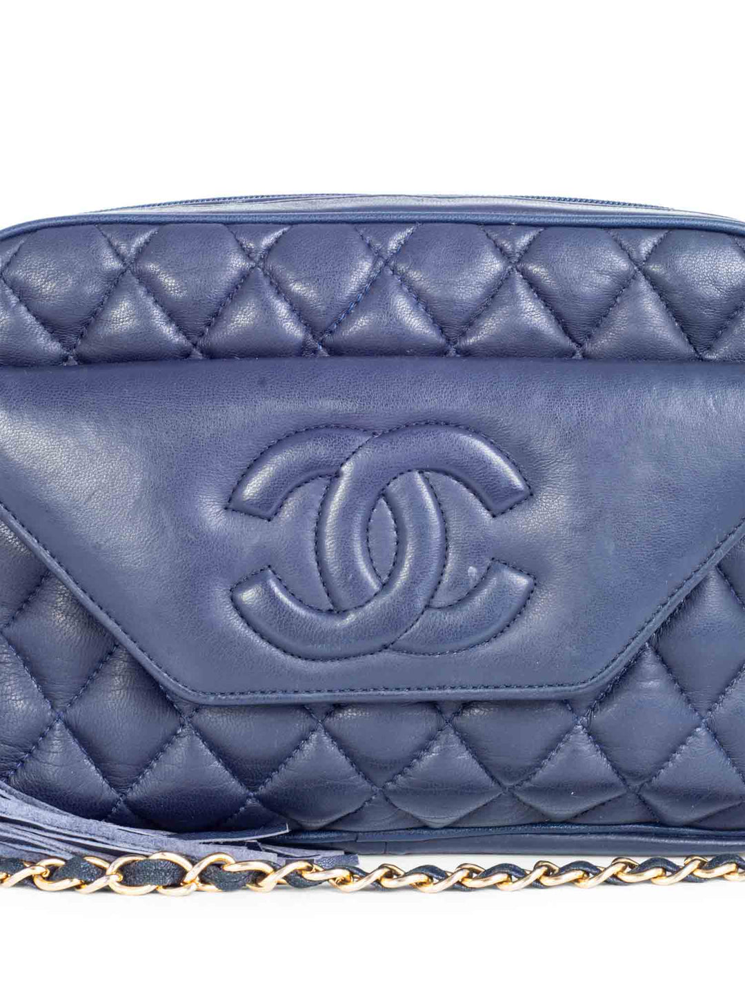 Top Quality Chanel CC Logo 24k Gold Plated Quilted Leather Tassel Camera Bag Navy