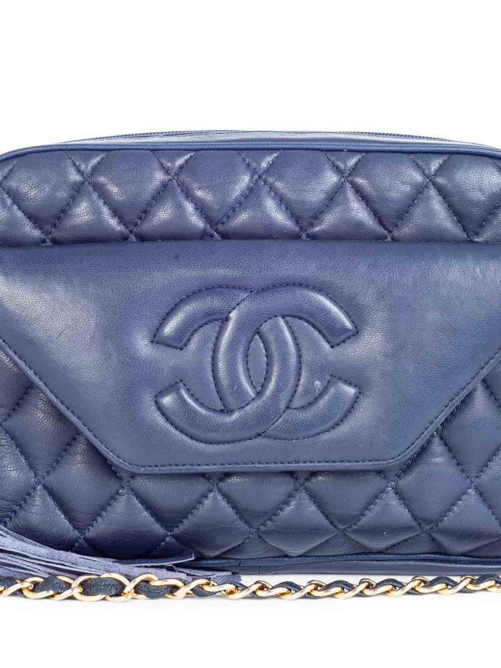 Top Quality Chanel CC Logo 24k Gold Plated Quilted Leather Tassel Camera Bag Navy