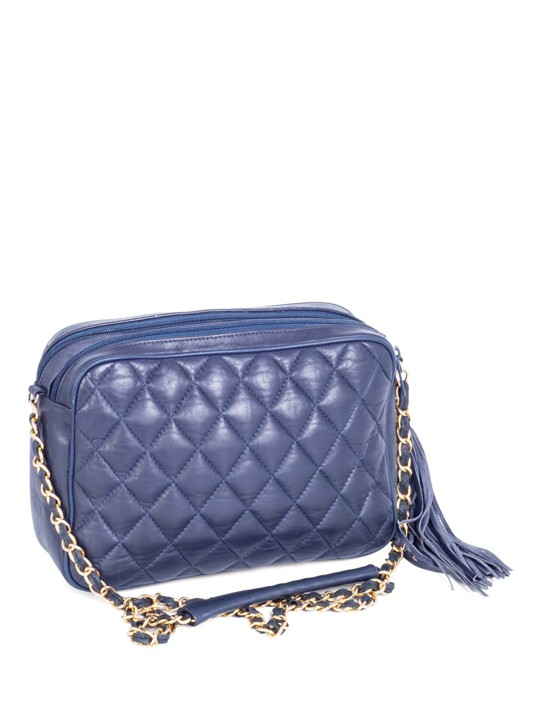 Top Quality Chanel CC Logo 24k Gold Plated Quilted Leather Tassel Camera Bag Navy