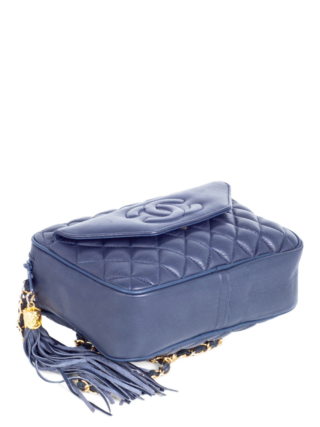 Top Quality Chanel CC Logo 24k Gold Plated Quilted Leather Tassel Camera Bag Navy