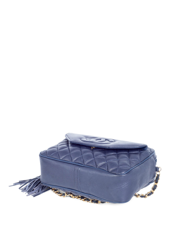 Top Quality Chanel CC Logo 24k Gold Plated Quilted Leather Tassel Camera Bag Navy