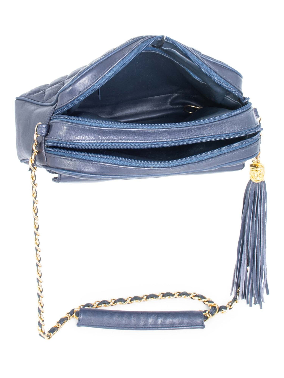 Top Quality Chanel CC Logo 24k Gold Plated Quilted Leather Tassel Camera Bag Navy