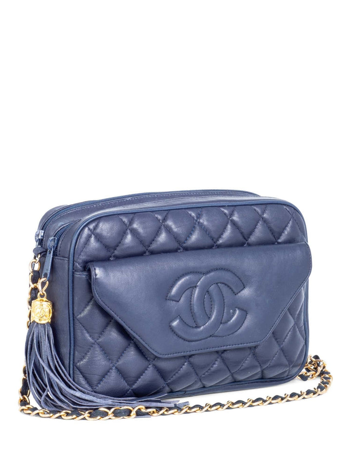 Top Quality Chanel CC Logo 24k Gold Plated Quilted Leather Tassel Camera Bag Navy