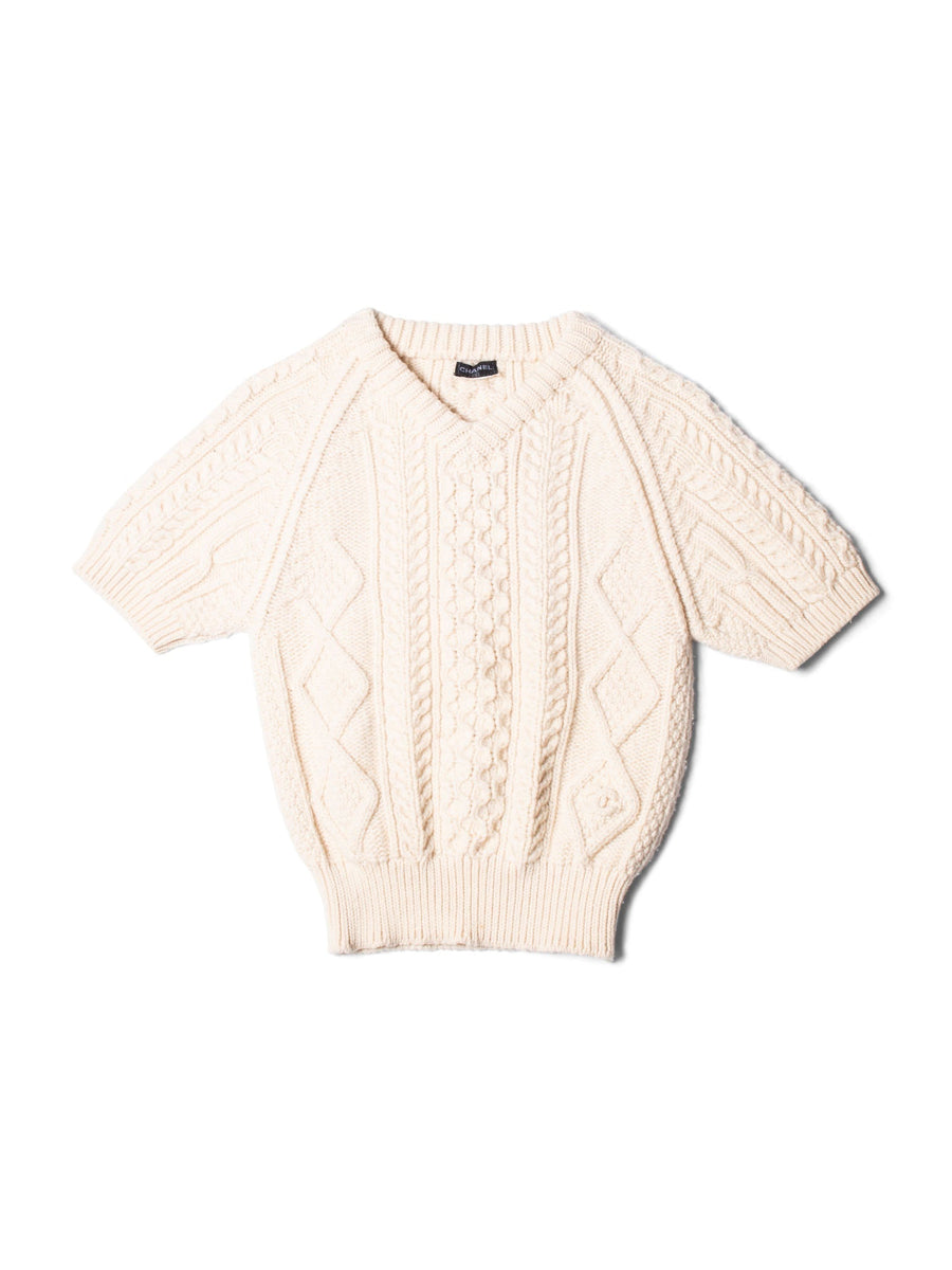 CHANEL CC Logo Cable Knit Cropped Top Ivory-designer resale