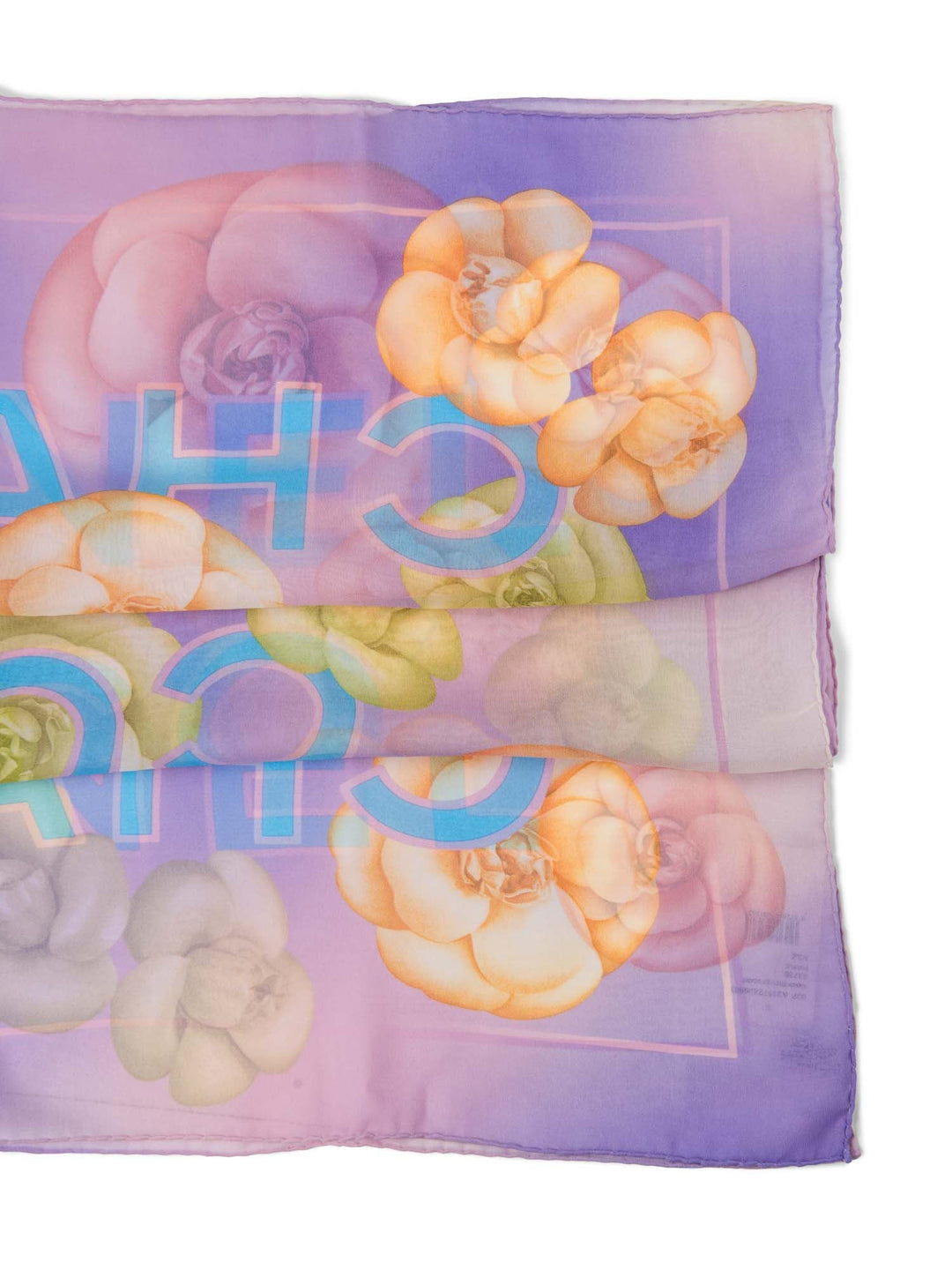 Top Quality Chanel CC Logo Camelia Silk Chiffon Fantasy Scarf Purple Blue