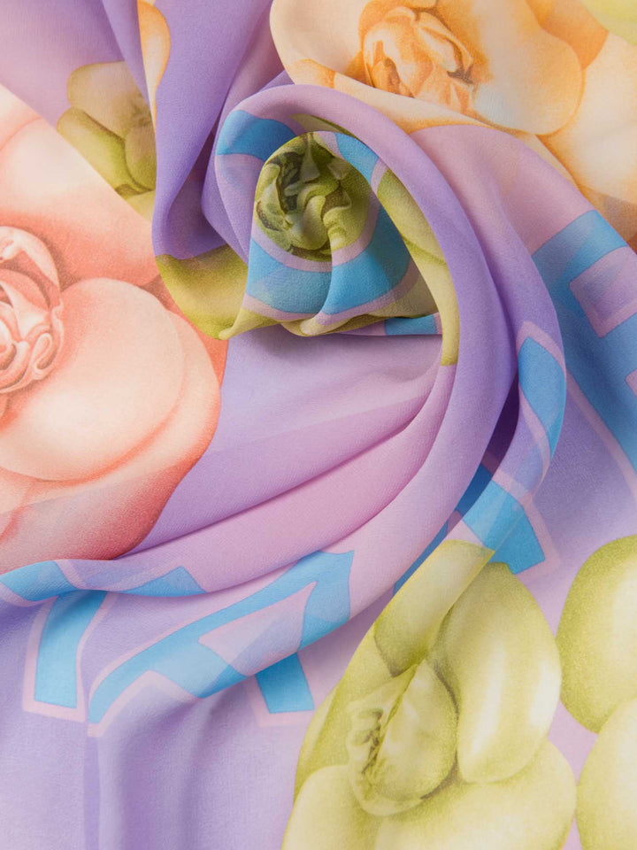 Top Quality Chanel CC Logo Camelia Silk Chiffon Fantasy Scarf Purple Blue