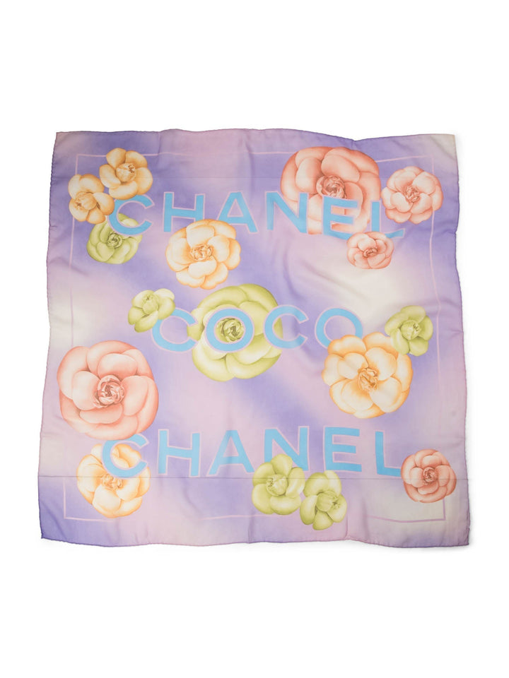 Top Quality Chanel CC Logo Camelia Silk Chiffon Fantasy Scarf Purple Blue