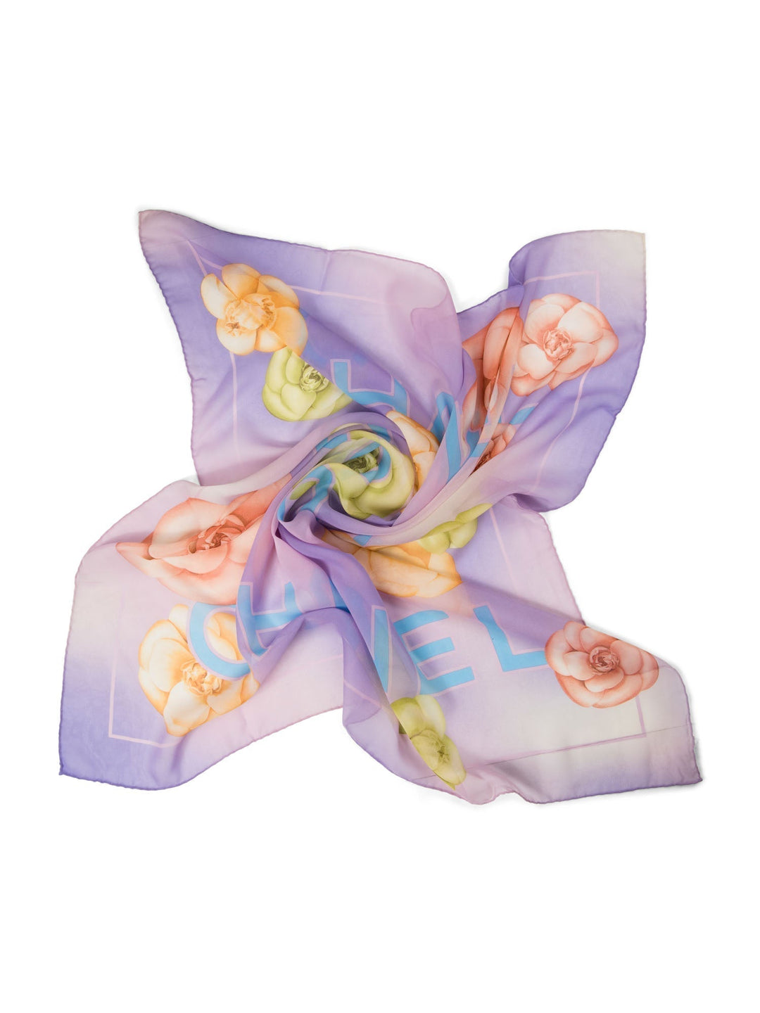 Top Quality Chanel CC Logo Camelia Silk Chiffon Fantasy Scarf Purple Blue