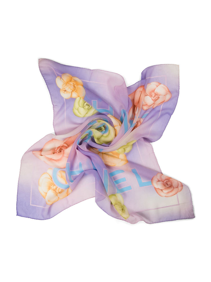 Top Quality Chanel CC Logo Camelia Silk Chiffon Fantasy Scarf Purple Blue