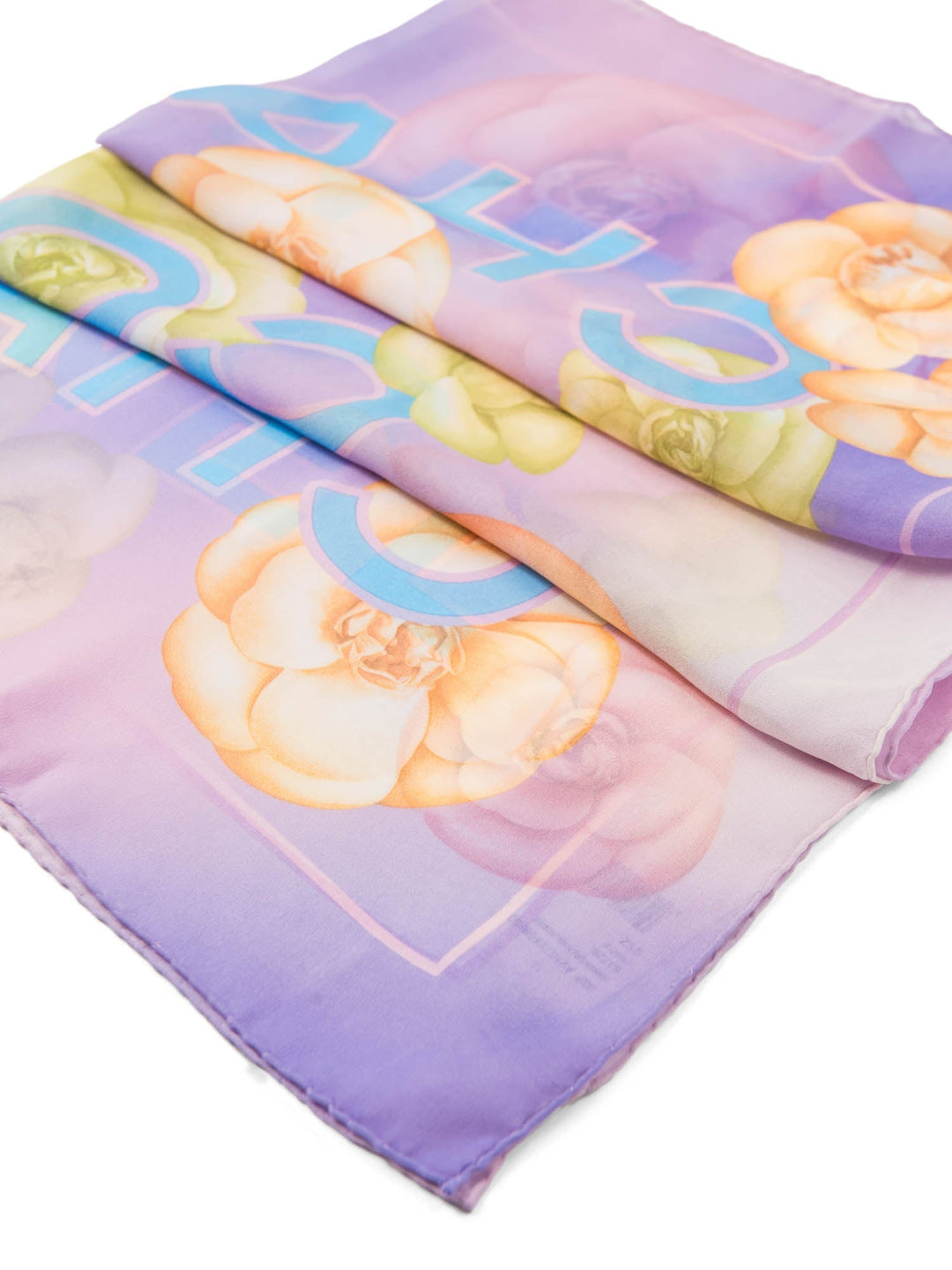 Top Quality Chanel CC Logo Camelia Silk Chiffon Fantasy Scarf Purple Blue