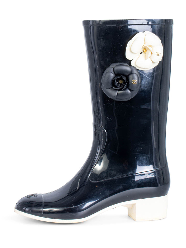 Top Quality Chanel CC Logo Camellia Flower Rain Boots Black Ivory