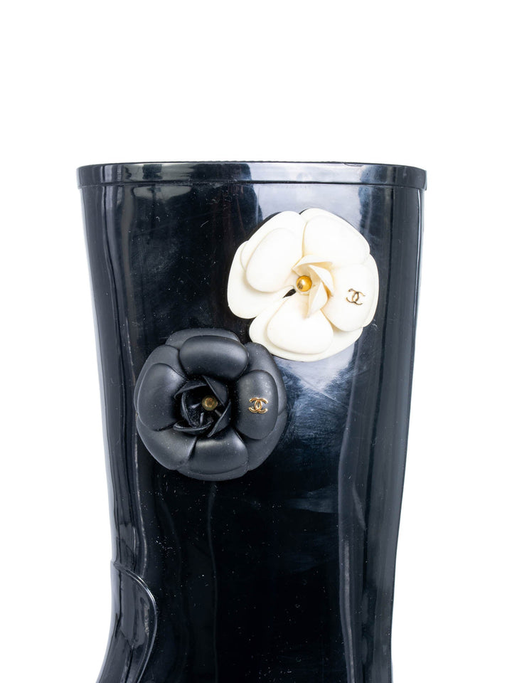 Top Quality Chanel CC Logo Camellia Flower Rain Boots Black Ivory