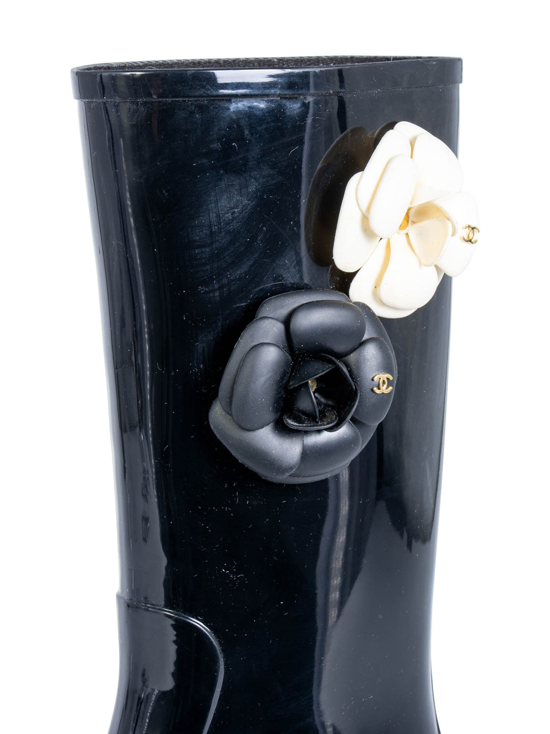 Top Quality Chanel CC Logo Camellia Flower Rain Boots Black Ivory
