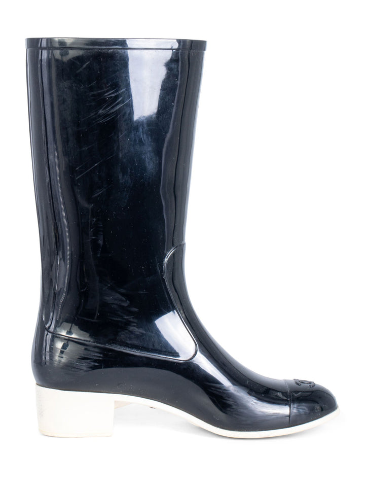 Top Quality Chanel CC Logo Camellia Flower Rain Boots Black Ivory