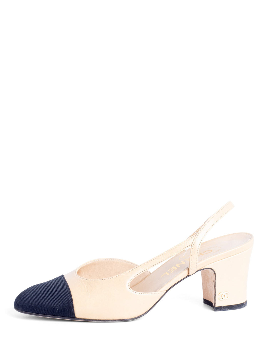Top Quality Chanel CC Logo Cap Toe Sling Back Heels Beige Black