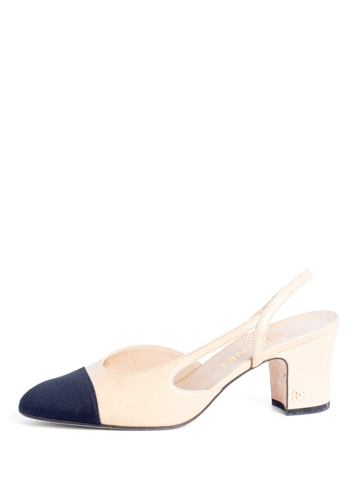 Top Quality Chanel CC Logo Cap Toe Sling Back Heels Beige Black