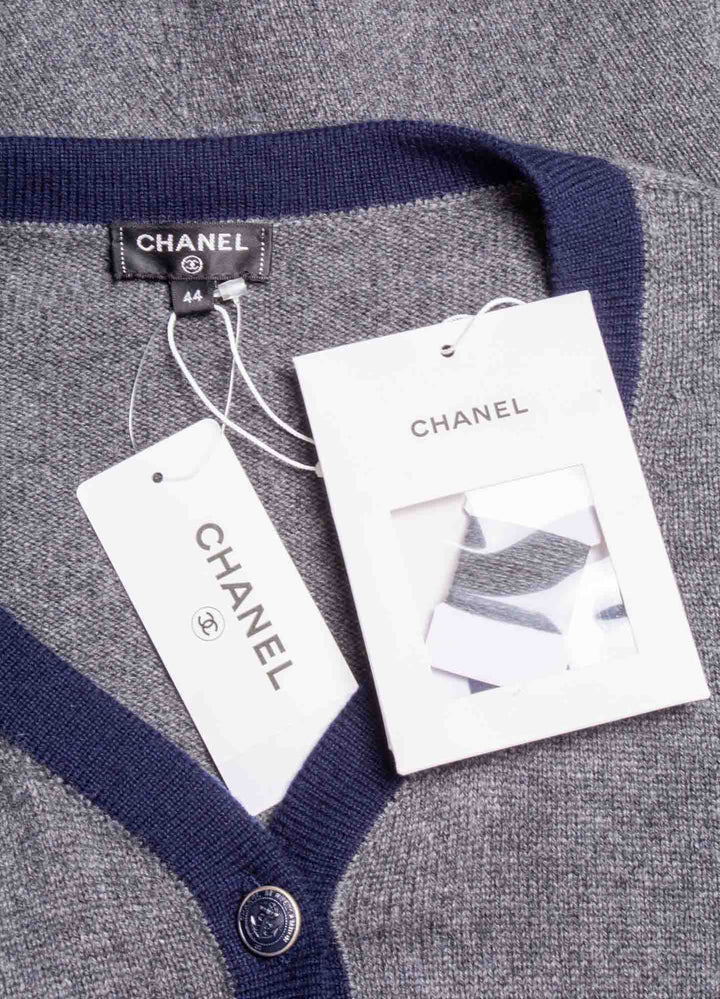 Top Quality Chanel CC Logo Cashmere Cardigan Sweater Navy Blue Grey