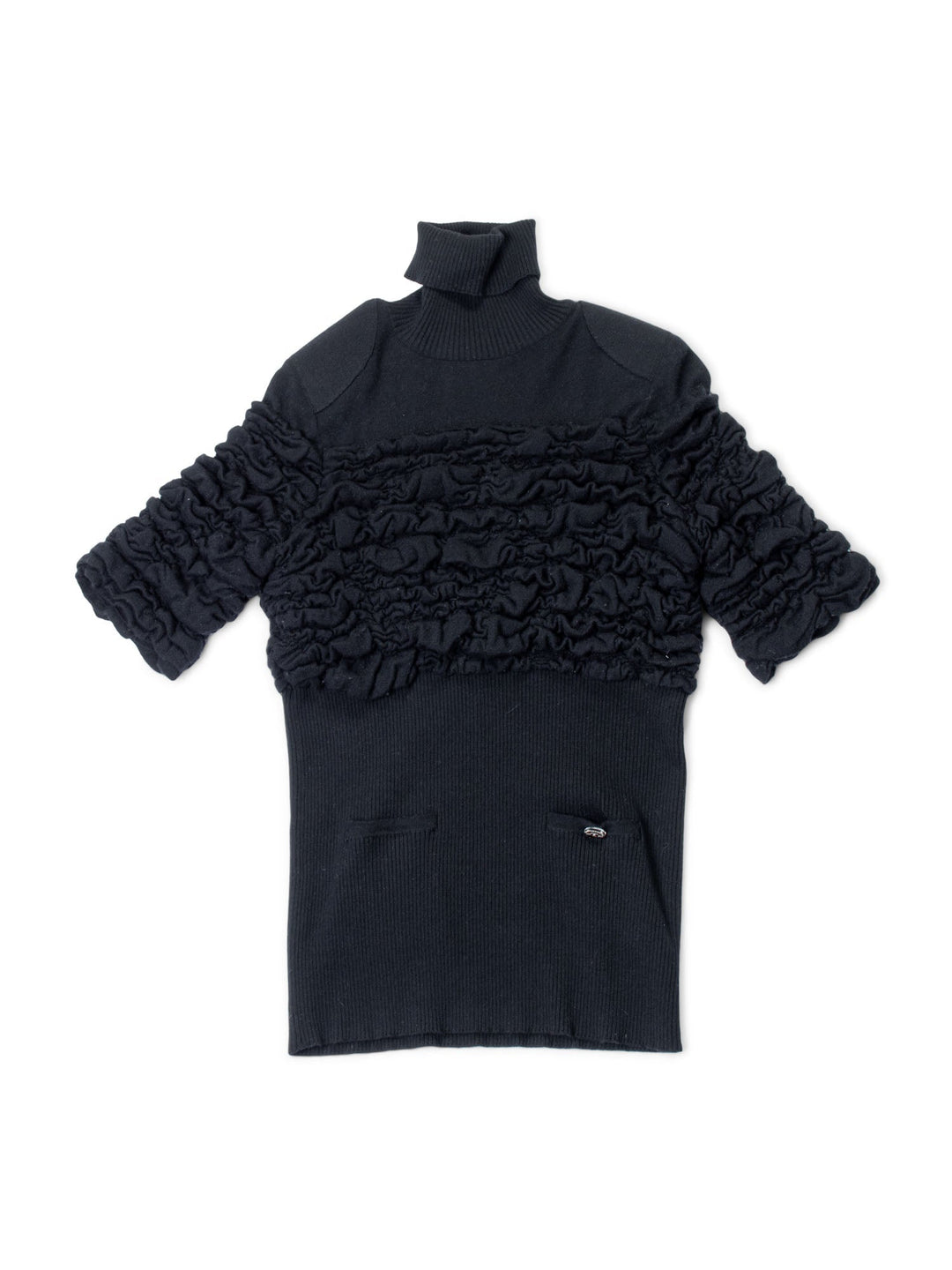 Top Quality Chanel CC Logo Cashmere Knit Raffled Sweater Black