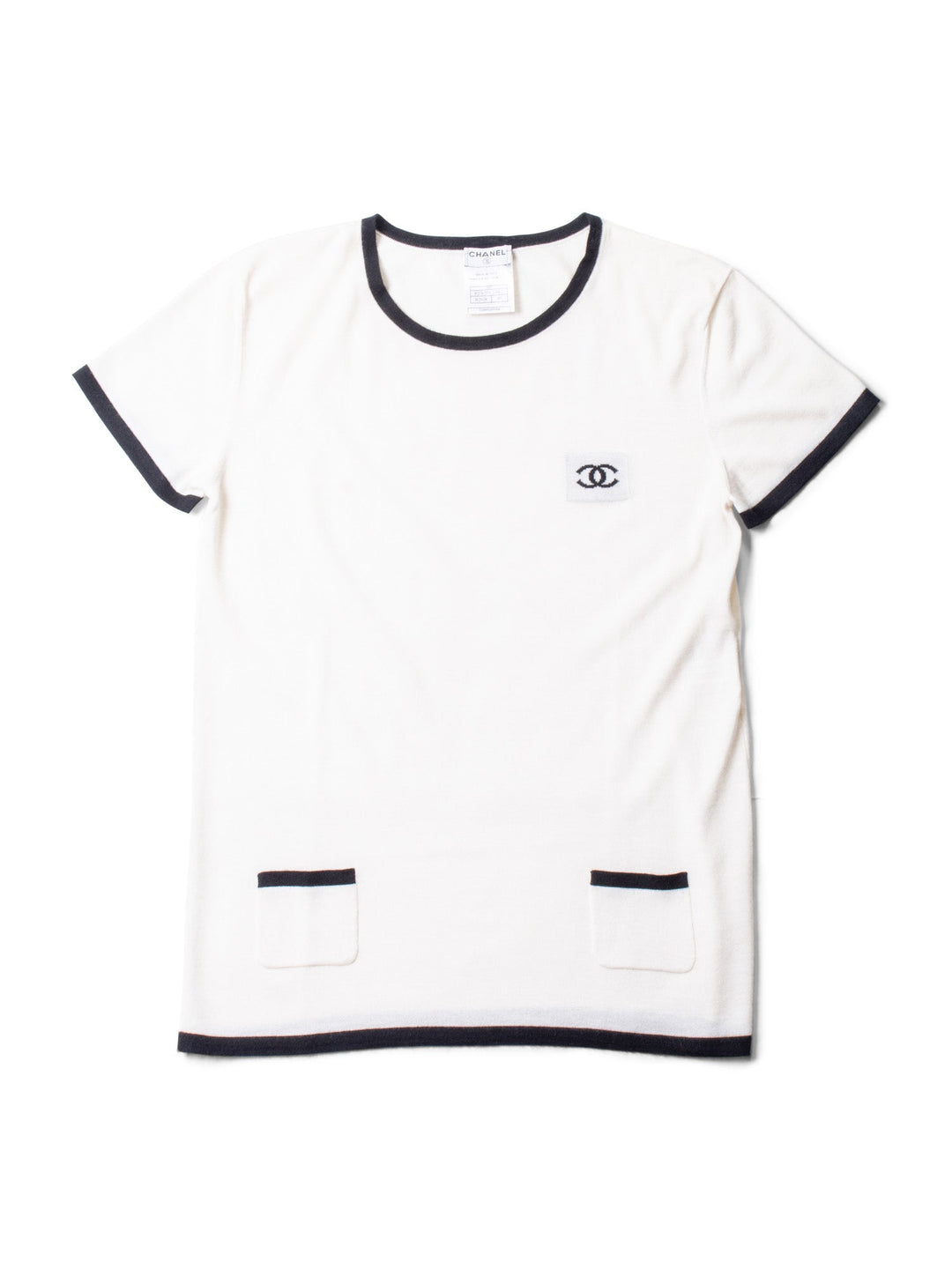 CHANEL CC Logo Cashmere Knit T-Shirt Ivory Black-designer resale