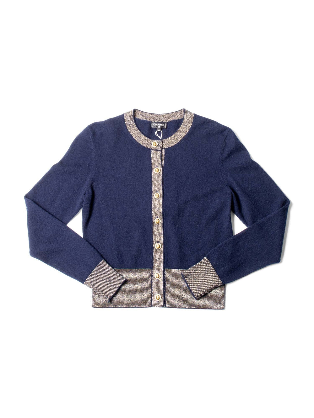 CHANEL CC Logo Cashmere Scarab Beetle Cardigan Navy Gold-designer resale