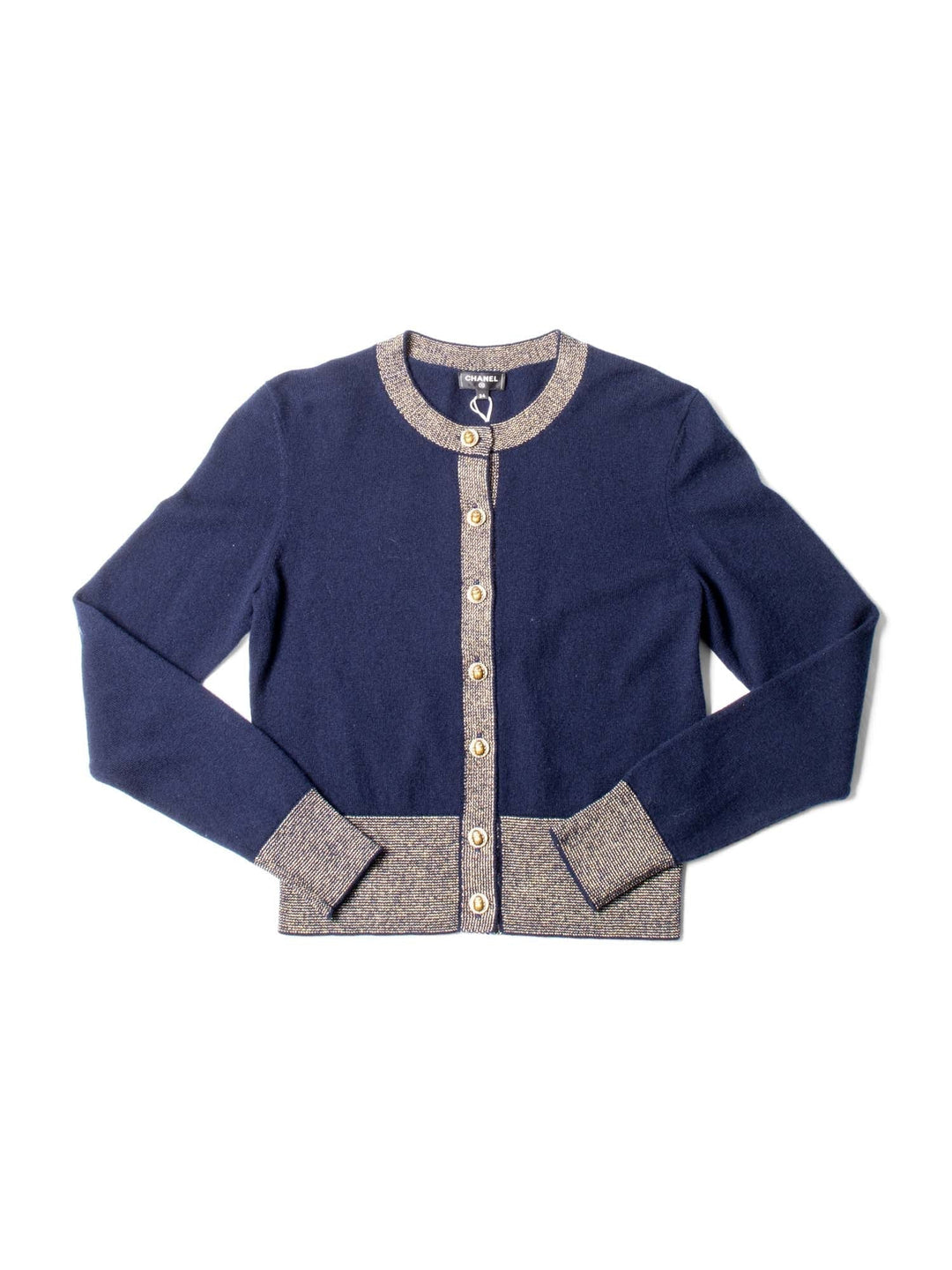 CHANEL CC Logo Cashmere Scarab Beetle Cardigan Navy Gold-designer resale
