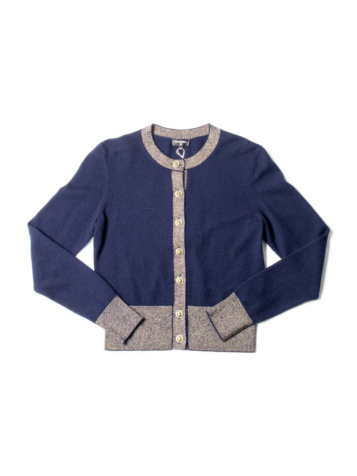 CHANEL CC Logo Cashmere Scarab Beetle Cardigan Navy Gold-designer resale
