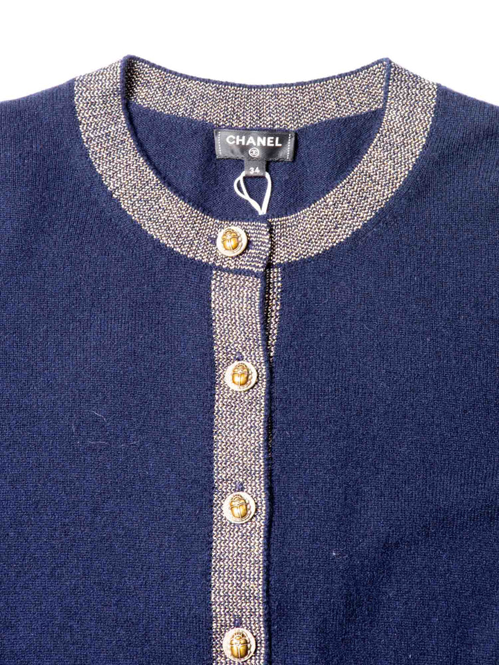 Top Quality Chanel CC Logo Cashmere Scarab Beetle Cardigan Navy Gold