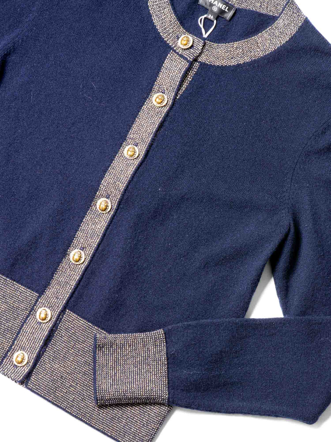Top Quality Chanel CC Logo Cashmere Scarab Beetle Cardigan Navy Gold