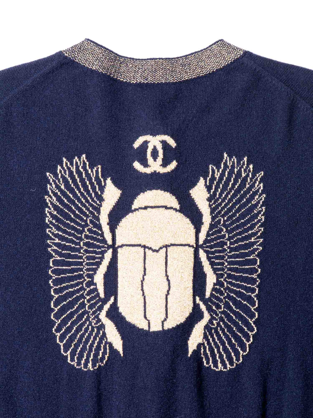 Top Quality Chanel CC Logo Cashmere Scarab Beetle Cardigan Navy Gold