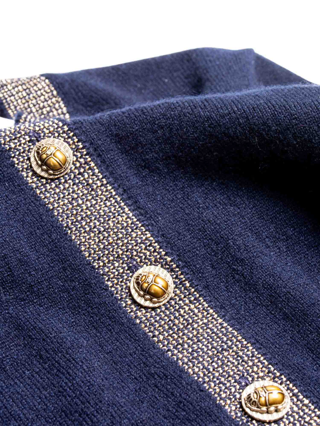 Top Quality Chanel CC Logo Cashmere Scarab Beetle Cardigan Navy Gold