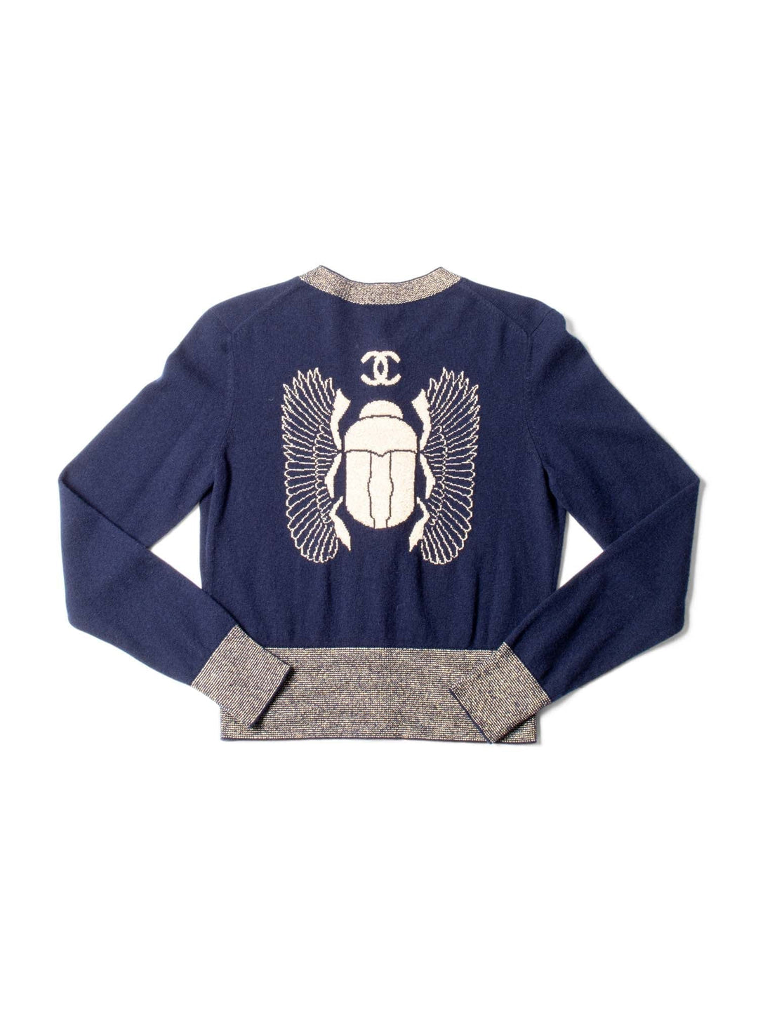 Top Quality Chanel CC Logo Cashmere Scarab Beetle Cardigan Navy Gold