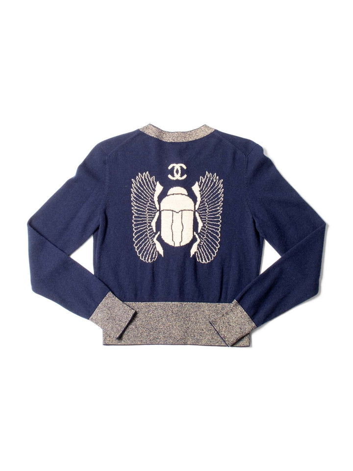Top Quality Chanel CC Logo Cashmere Scarab Beetle Cardigan Navy Gold