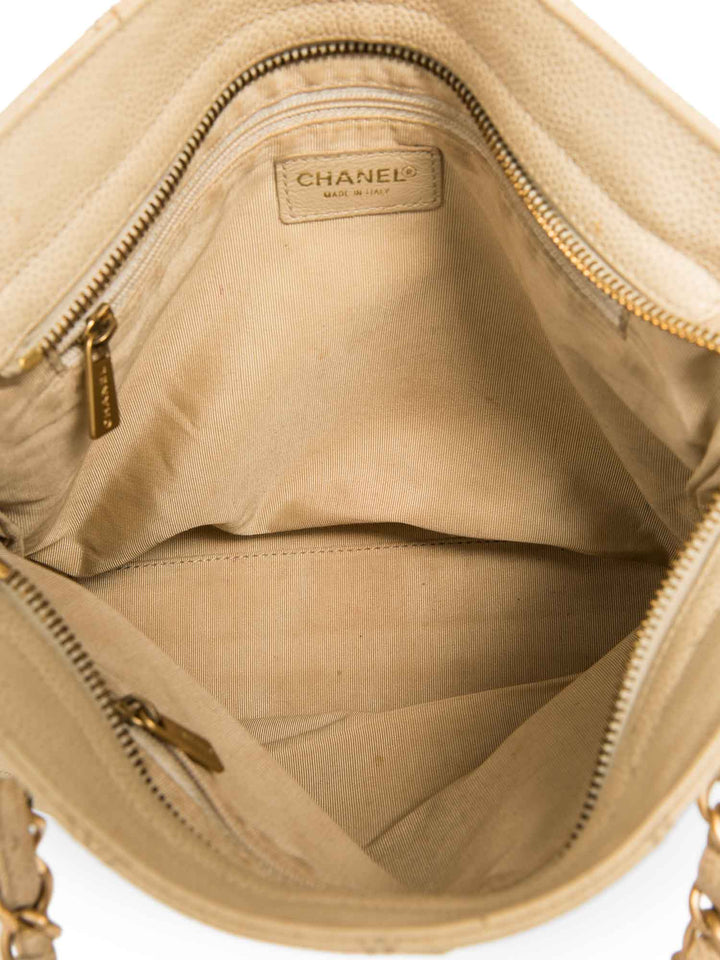 Top Quality Chanel CC Logo Caviar Leather Quilted Shopper Bag Ivory Gold