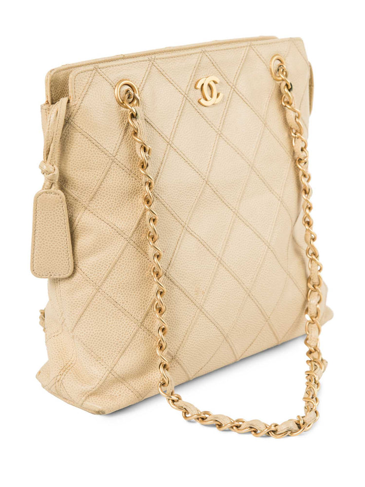 Top Quality Chanel CC Logo Caviar Leather Quilted Shopper Bag Ivory Gold