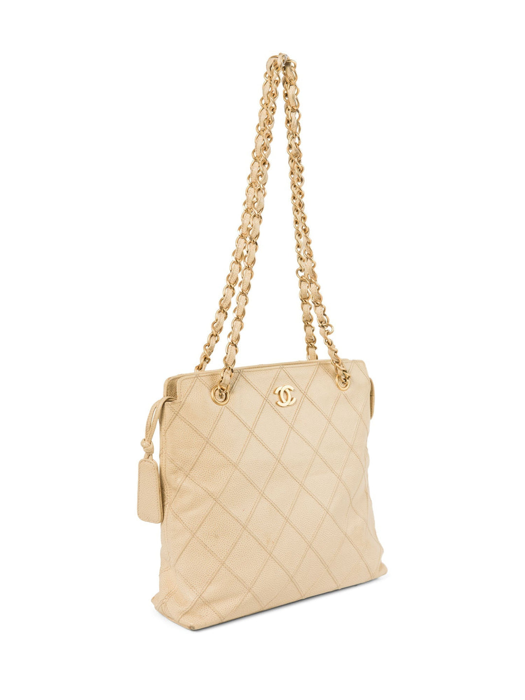 Top Quality Chanel CC Logo Caviar Leather Quilted Shopper Bag Ivory Gold