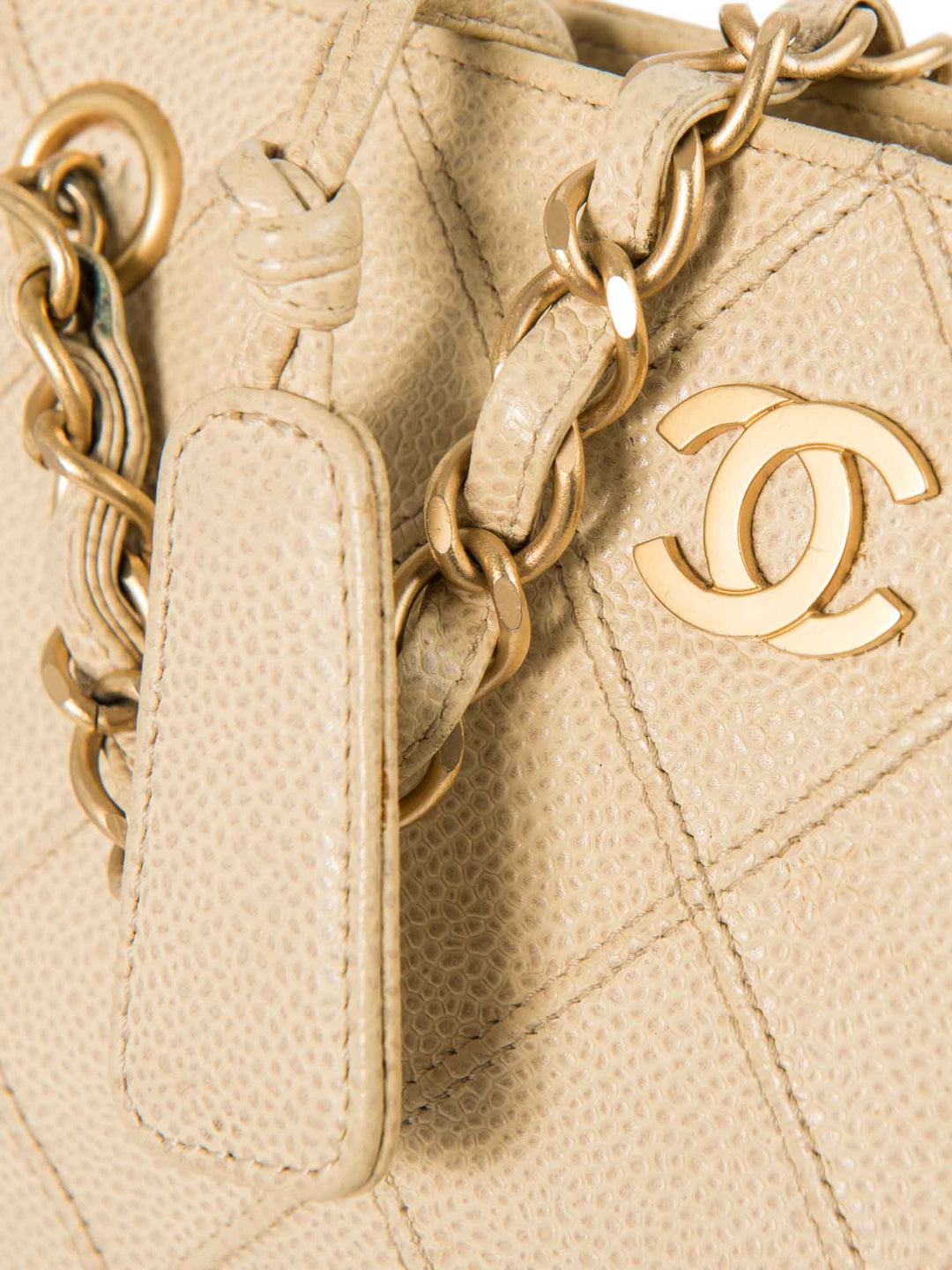 Top Quality Chanel CC Logo Caviar Leather Quilted Shopper Bag Ivory Gold