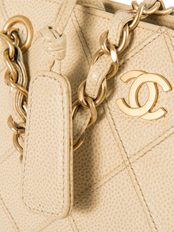 Top Quality Chanel CC Logo Caviar Leather Quilted Shopper Bag Ivory Gold