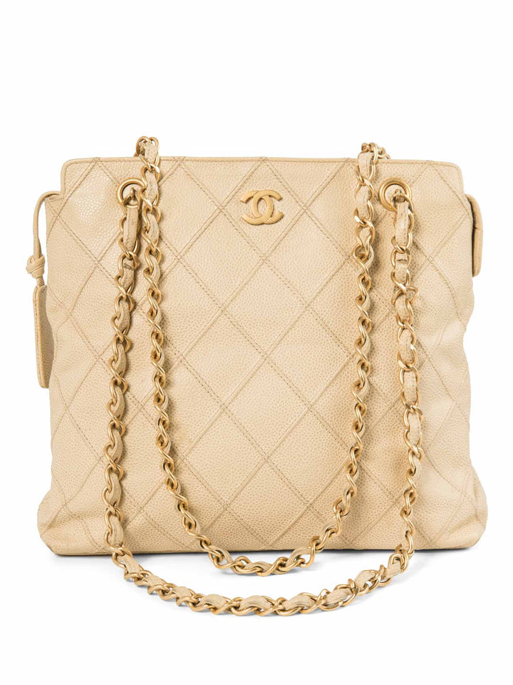 Top Quality Chanel CC Logo Caviar Leather Quilted Shopper Bag Ivory Gold