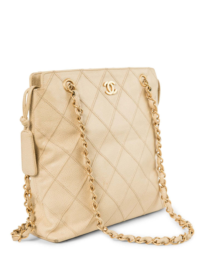 Top Quality Chanel CC Logo Caviar Leather Quilted Shopper Bag Ivory Gold