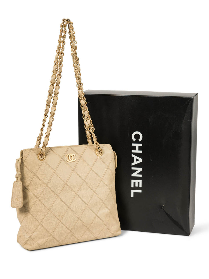 Top Quality Chanel CC Logo Caviar Leather Quilted Shopper Bag Ivory Gold