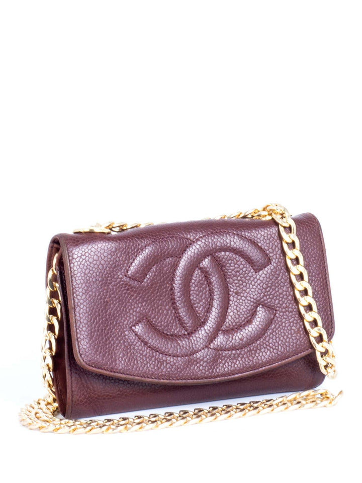 Top Quality Chanel CC Logo Caviar Leather Timeless Mini Wallet On Chain Brown
