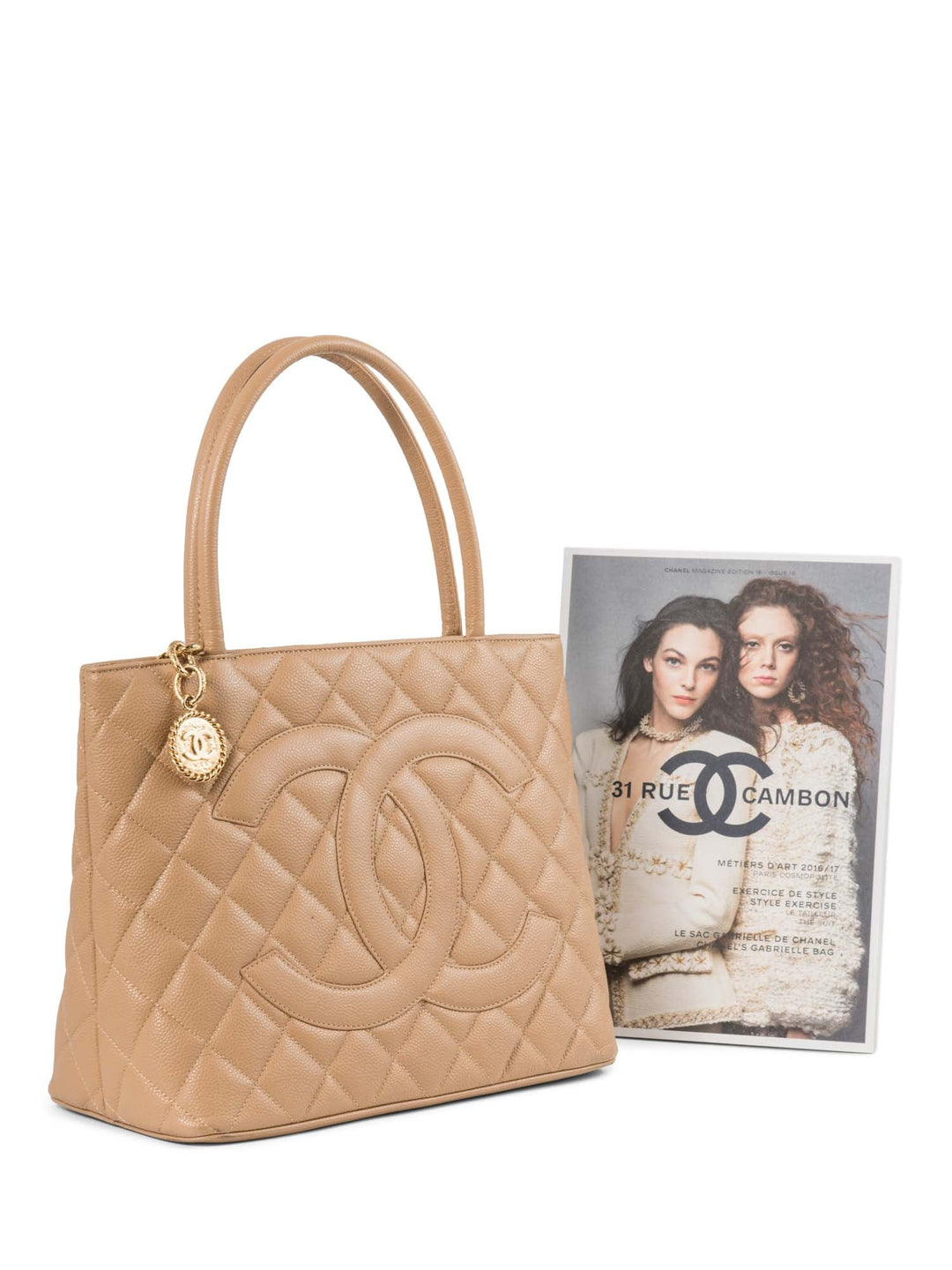 Top Quality Chanel CC Logo Caviar Leather Top Handle Shoulder Bag Beige Gold