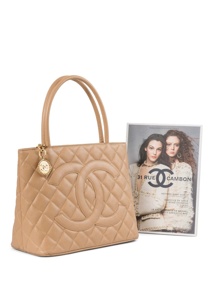 Top Quality Chanel CC Logo Caviar Leather Top Handle Shoulder Bag Beige Gold
